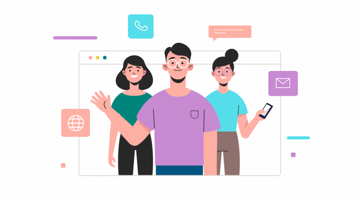 Illustration of three friendly professionals waving and smiling, surrounded by icons for phone, email, chat, and web communication.