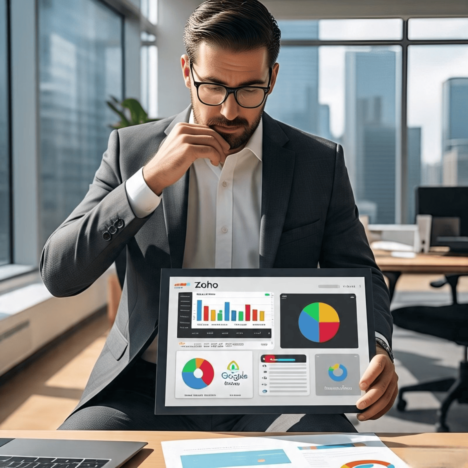 Business professional analyzing Zoho CRM analytics dashboard with charts and reports for data-driven business automation and growth.  